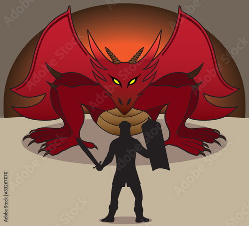 Dragon emerging from cave to do battle with brave knight