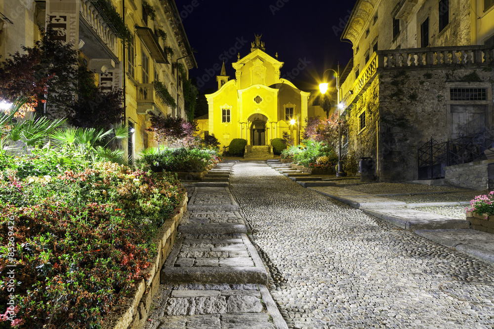 Orta, Santa Maria Assunta church, night view. Color image