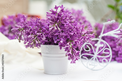 Beautiful spring lilac and small white bicycle on a background.