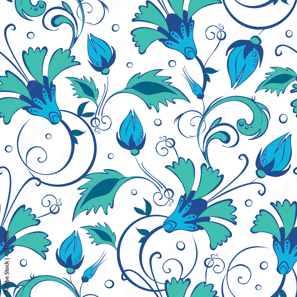 vector blue green swirly flowers seamless pattern background