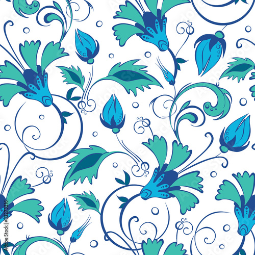 vector blue green swirly flowers seamless pattern background