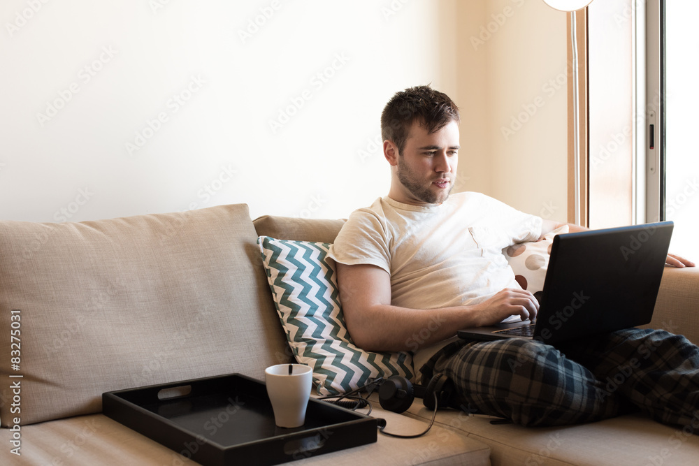 Man with laptop at living room Man with laptop at living room