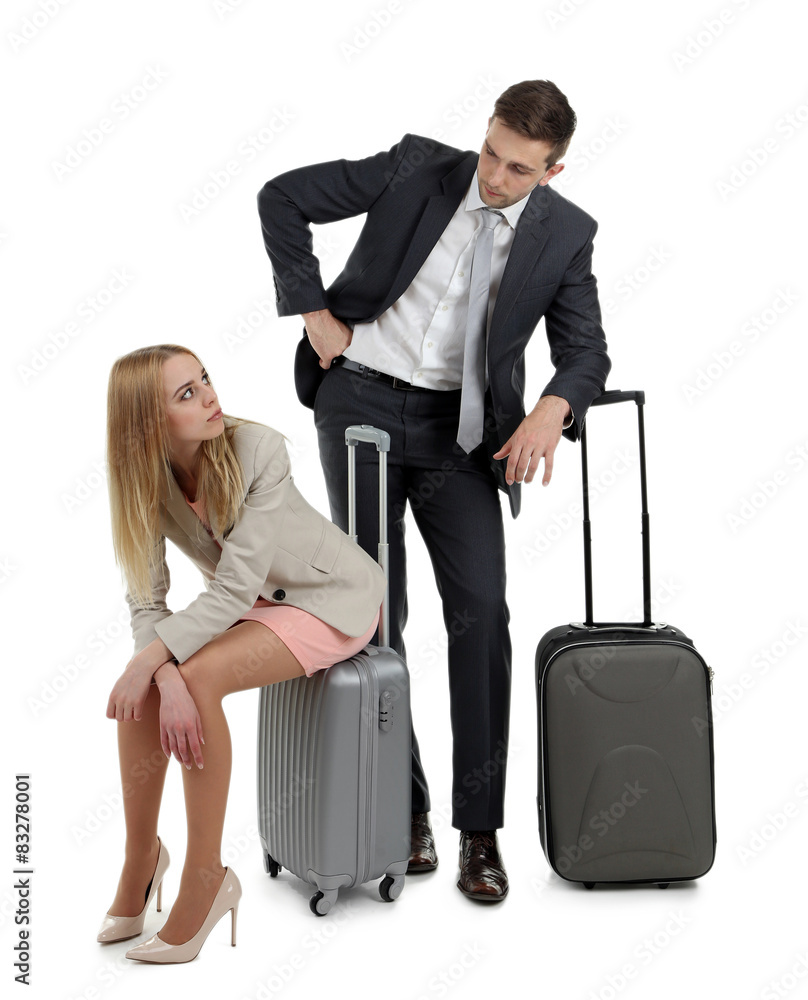 Portrait of young happy couple with baggage isolated on white Portrait of young happy couple with baggage isolated on white