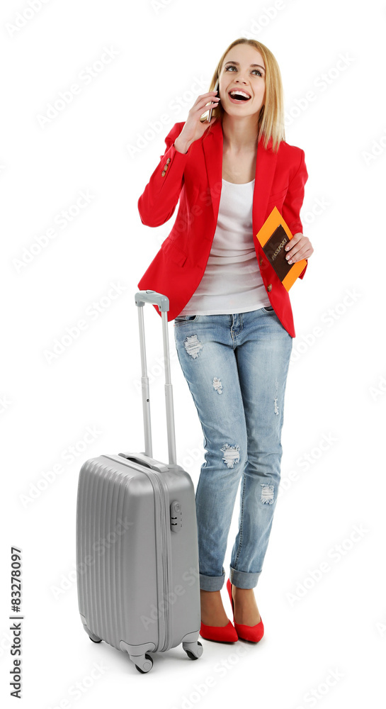 Woman holding suitcase, isolated on white Woman holding suitcase, isolated on white
