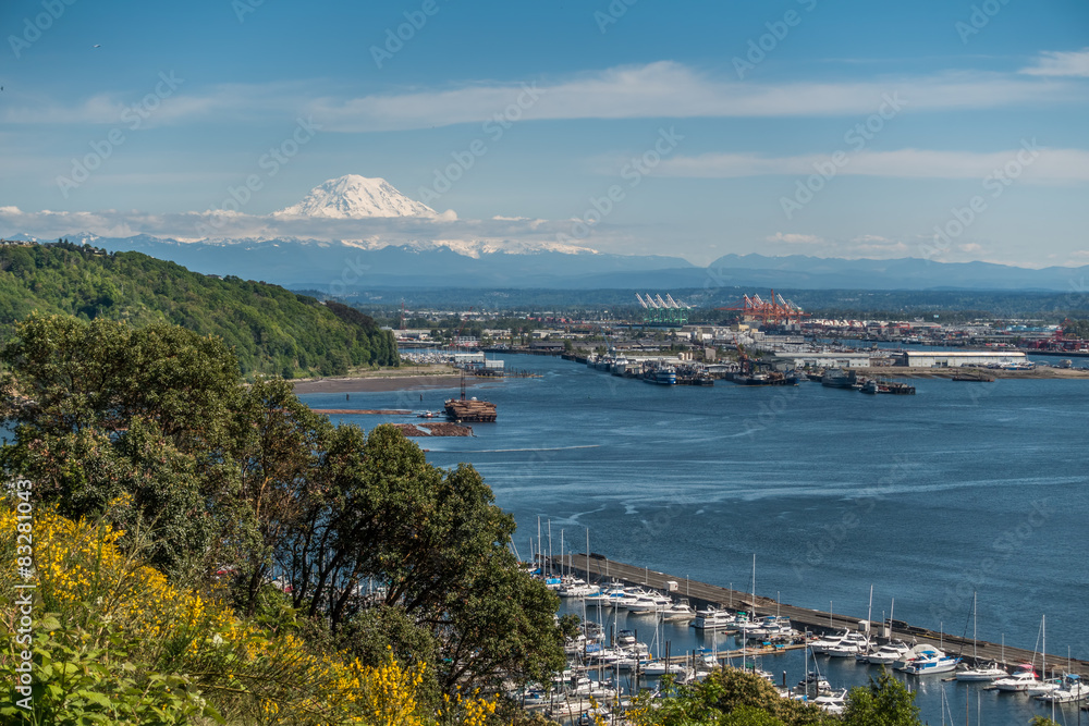 Majestic Mount Rainier overlooks the Port of Tacoma.