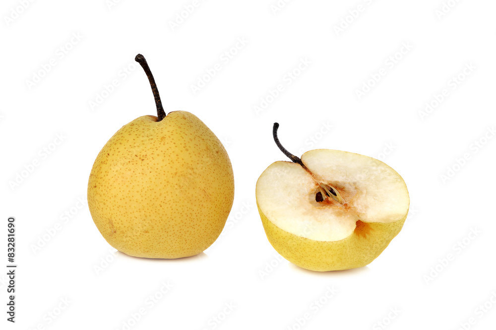 Chinese pear or Nashi pear with stem on white background Chinese pear or Nashi pear with stem on white background