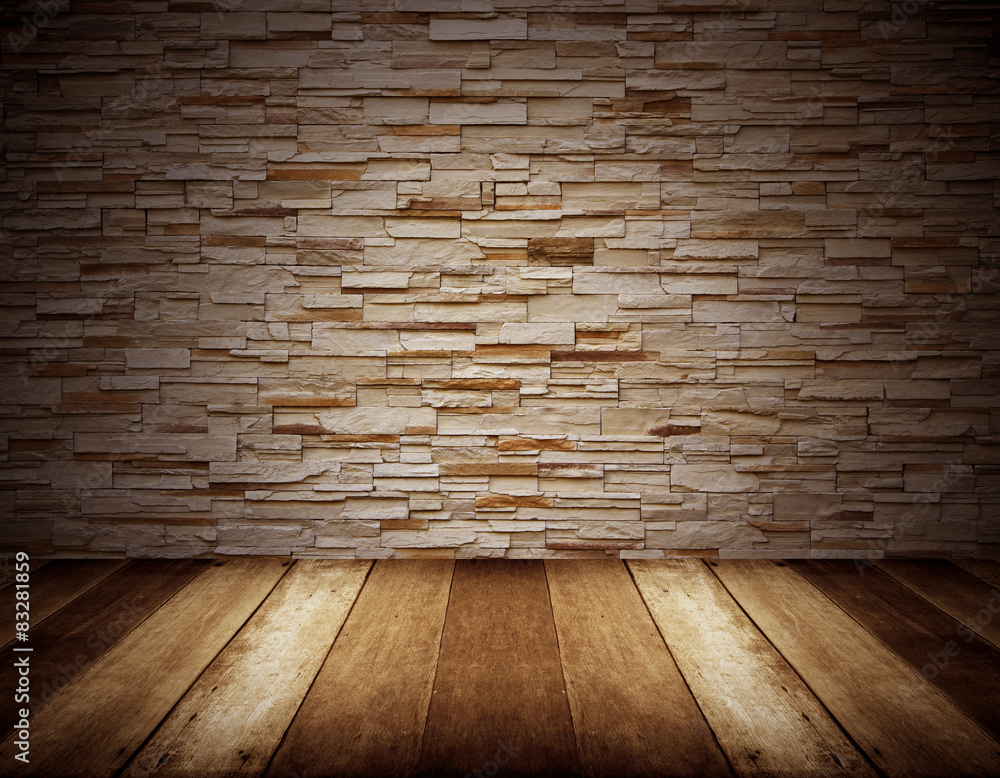 Fototapeta premium wooden floor and stone wall background