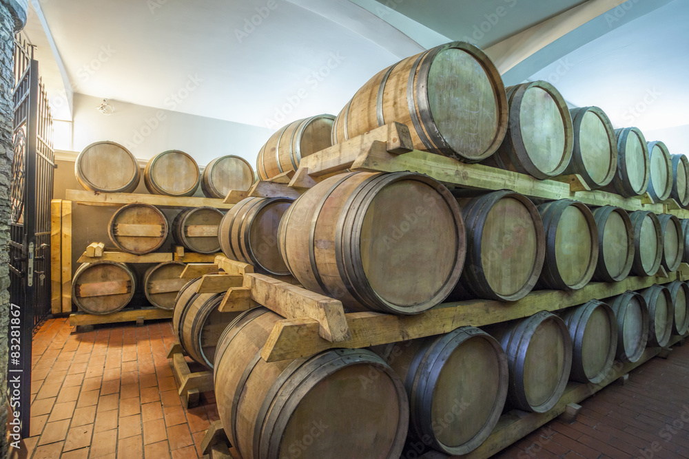 Barrels in an old wine cellar