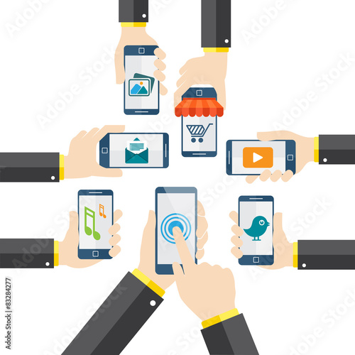 Hand holding mobile phone vector illustration apps concept