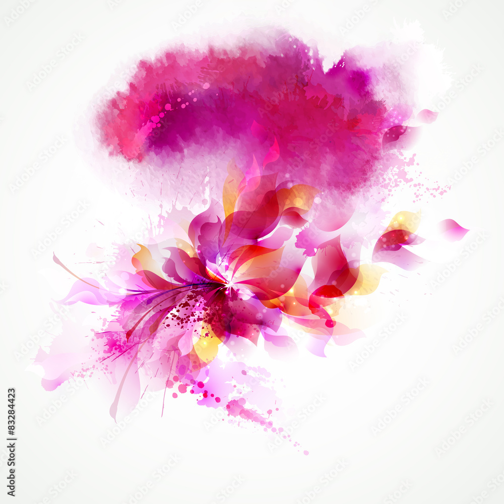 The pink watercolor stain with floral. - obrazy, fototapety, plakaty 