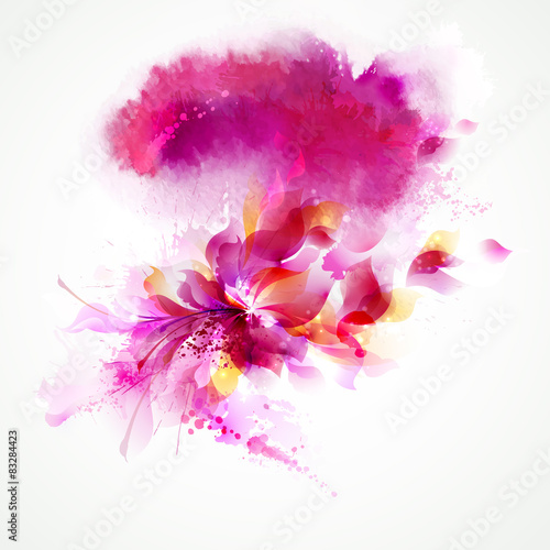 Fototapeta Naklejka Na Ścianę i Meble -  The pink watercolor stain with floral.