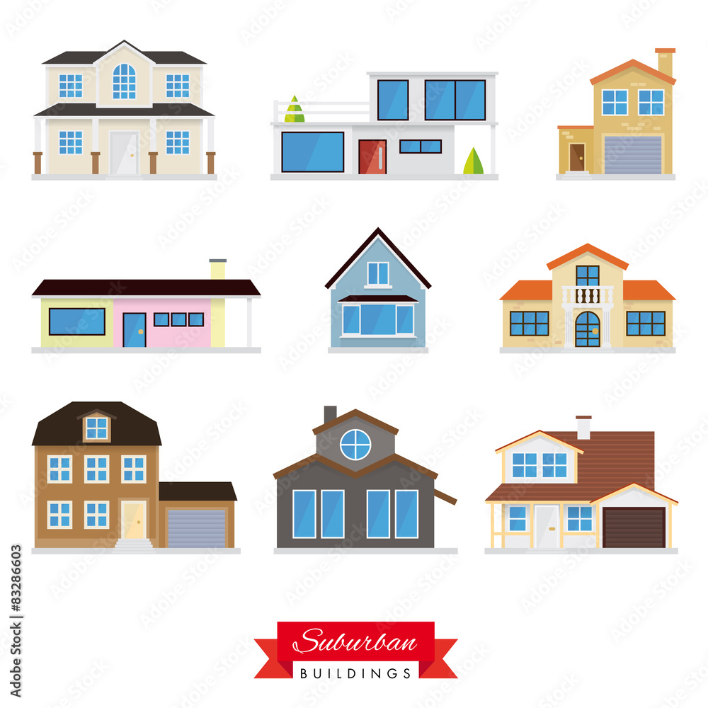 Suburban Buildings Vector Set. Collection of 9 icons.