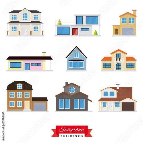 Suburban Buildings Vector Set. Collection of 9 icons.