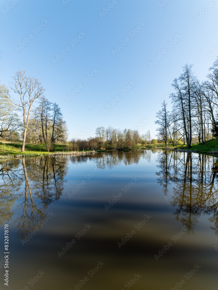scenic reflections of trees and clouds in water scenic reflections of trees and clouds in water