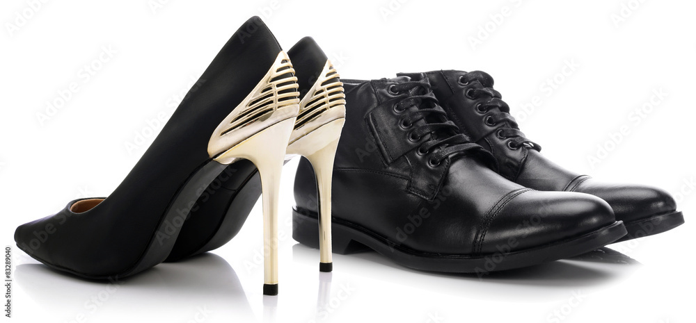 Pair of shoes for man and woman on a white background - obrazy, fototapety, plakaty 