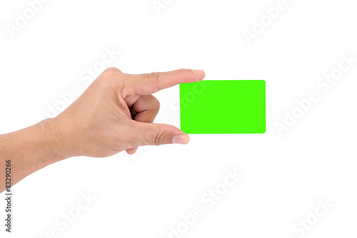 Hand holding blank transparent green plastic business 