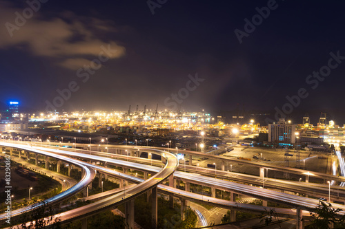 Illuminated and elevated expressway and cityscape at night