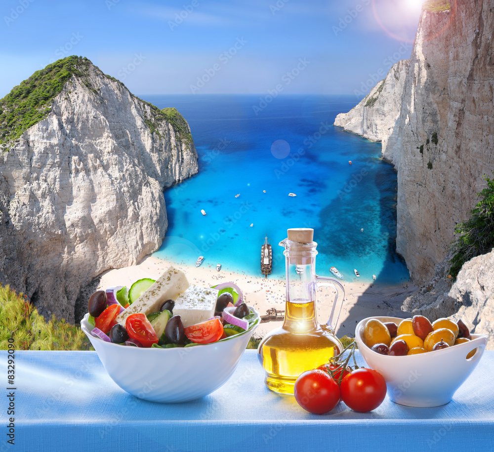  Navagio beach with Greek salad in Zakynthos, Greece - obrazy, fototapety, plakaty 