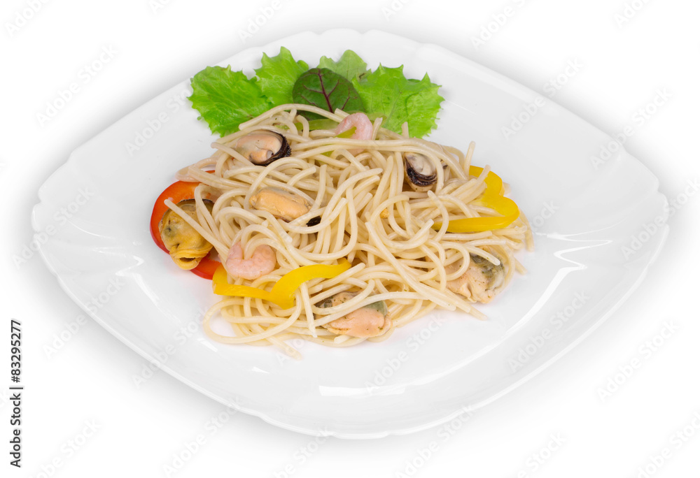Italian pasta with seafood as haute cuisine.