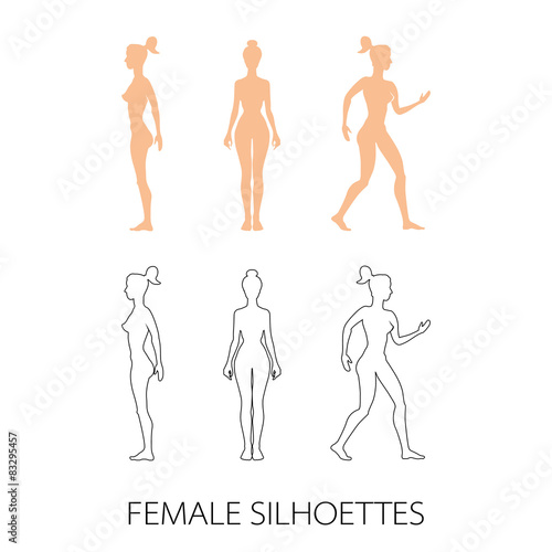  female silhouettes front, back and side. Vector illustration