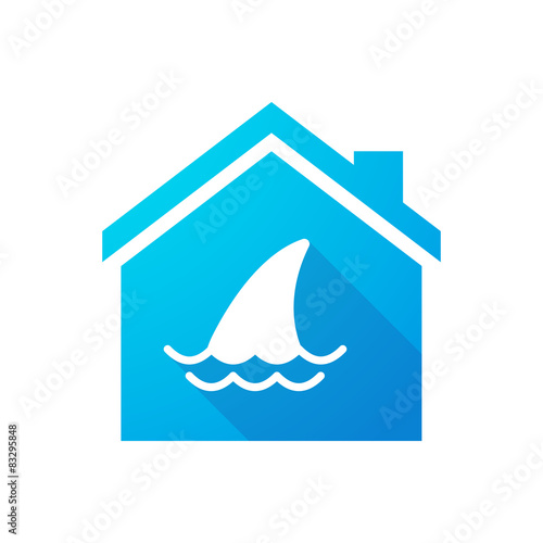 Blue house icon with a shark fin