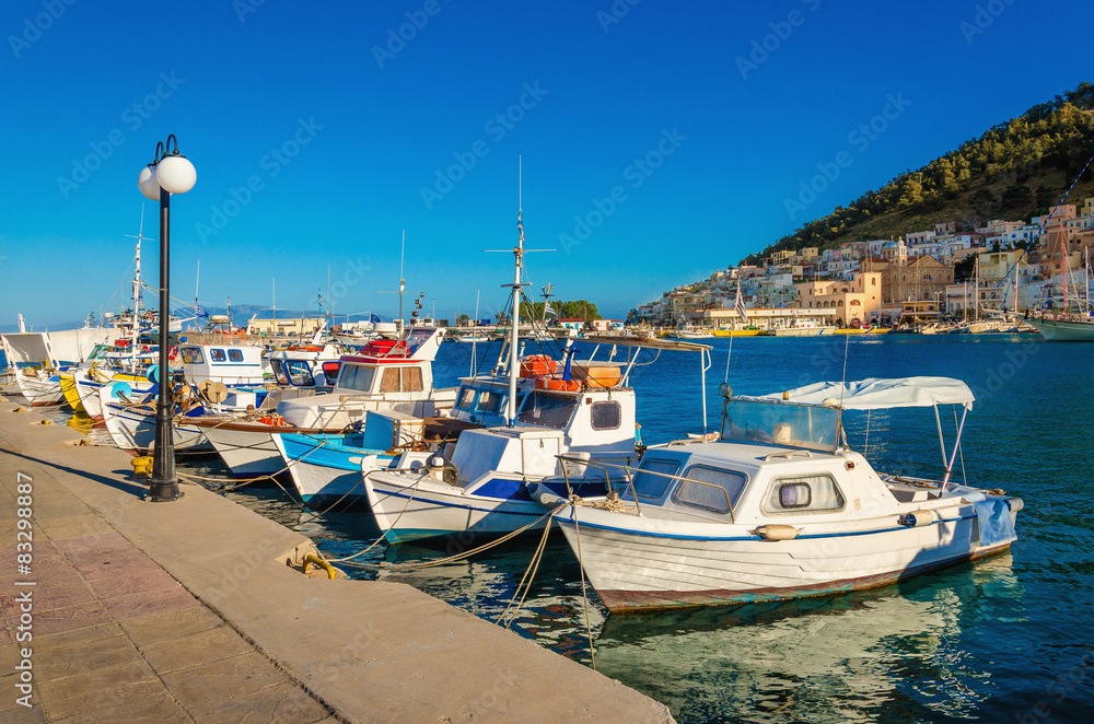 Small boats in Greek port on Island, Greece