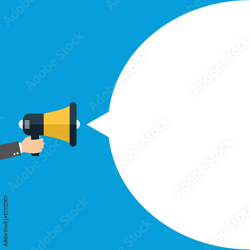 Hand holding megaphone with bubble speech