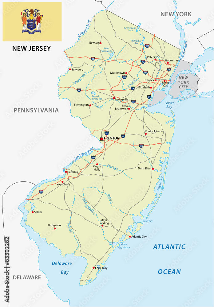 new jersey road map with flag