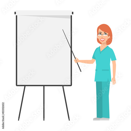 Redhead nurse points to flip chart