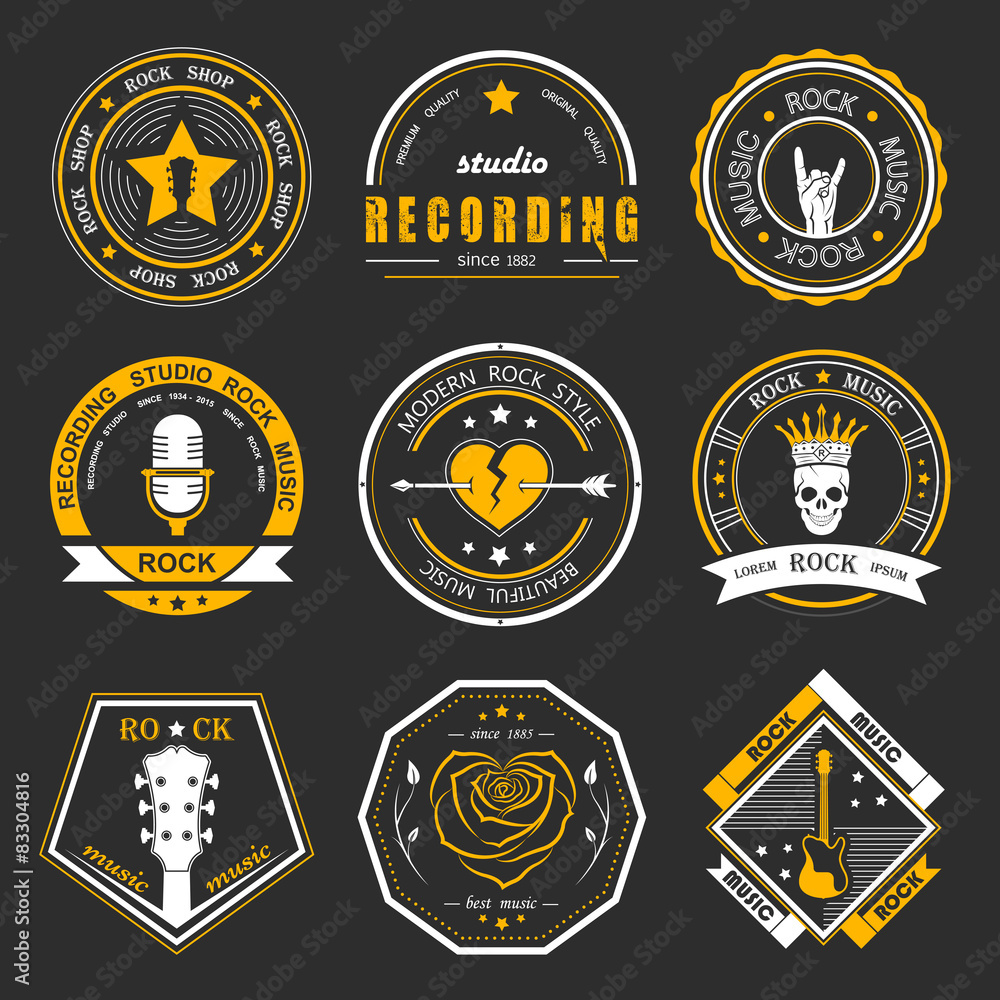 Naklejka premium Set of vintage logos of rock music and rock and roll