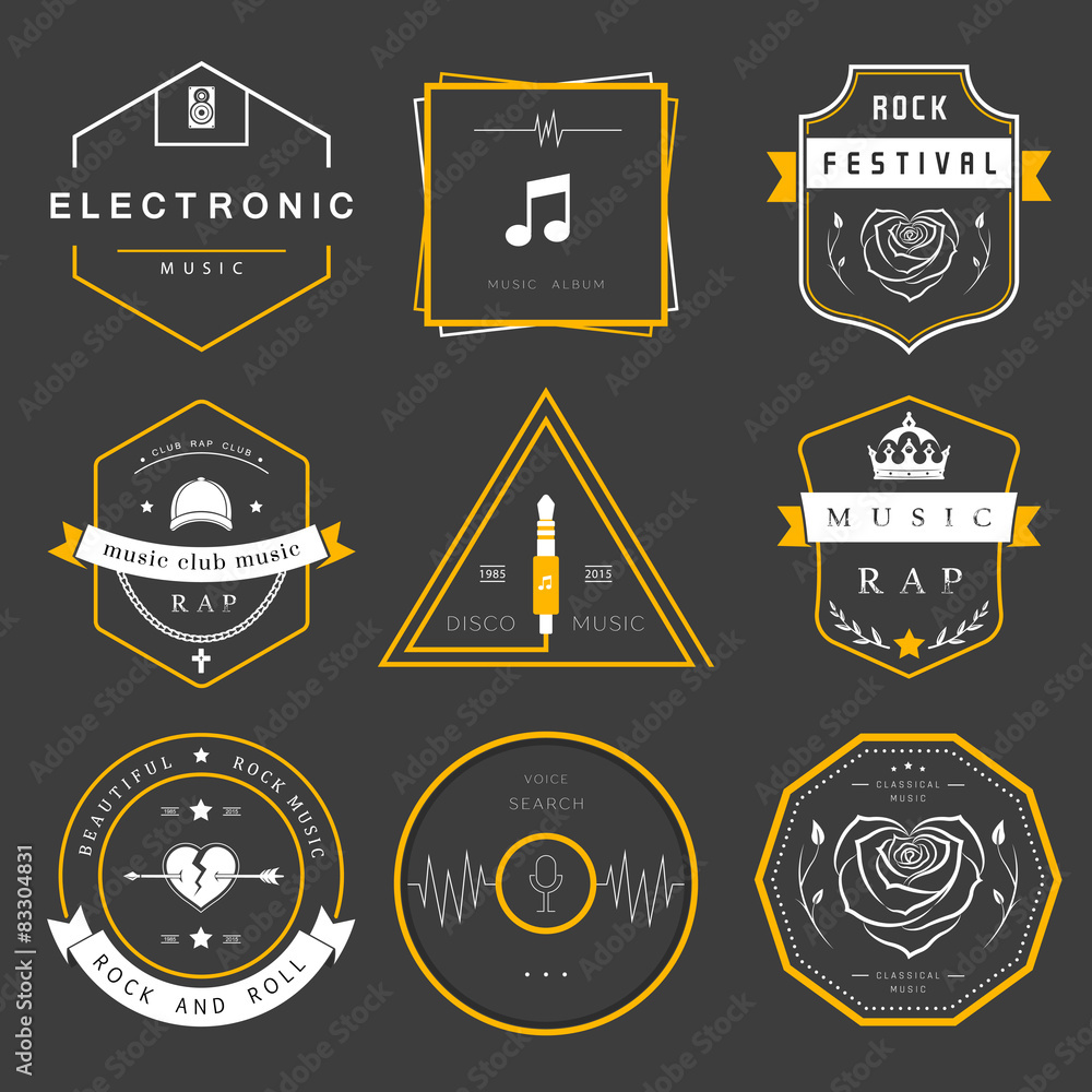 Vector Badges Rock, Rap, Classical and Disco Music - obrazy, fototapety, plakaty 