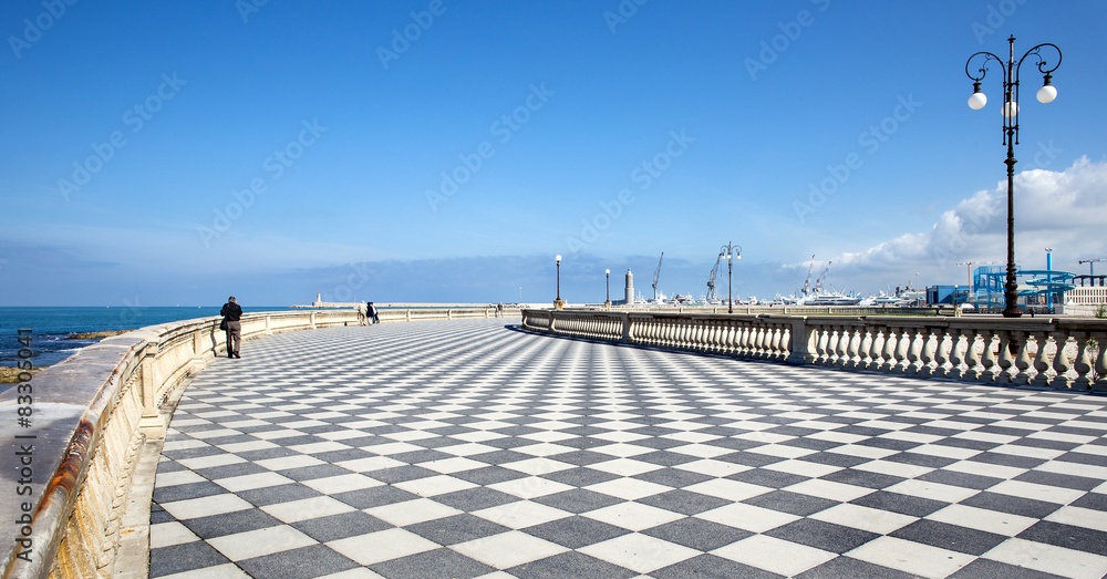 panoramic view of Terrazza Mascagni to Livorno with harbor in th