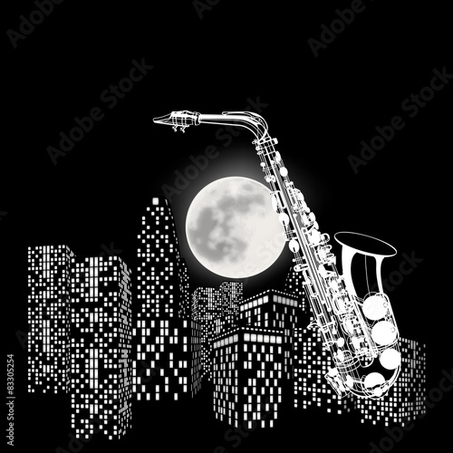 saxophone on a background of the moon and city