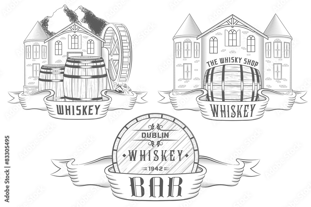 Vector Set Illustration and Badges Whiskey