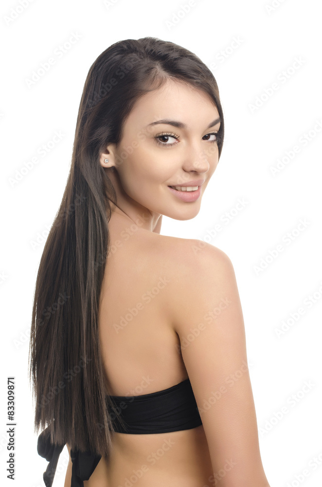 Beautiful brunette girl with long hair smiling. Beauty portrait. Beautiful brunette girl with long hair smiling. Beauty portrait.