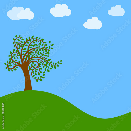 Tree on green meadow. Flat vector illustration.