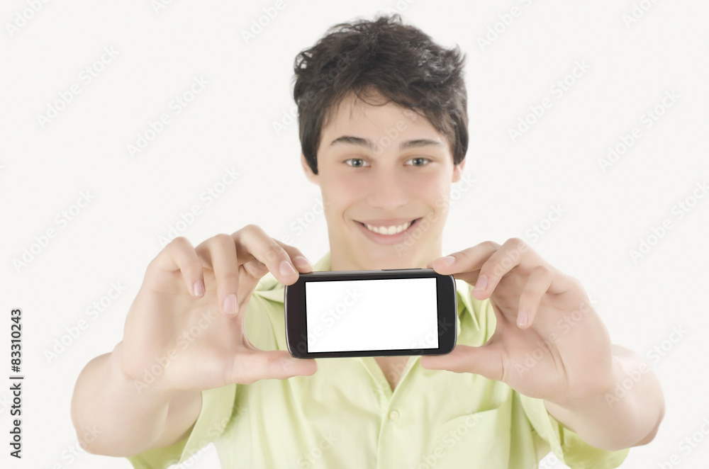 Man taking a selfie photo with his smart phone.Blank screen.