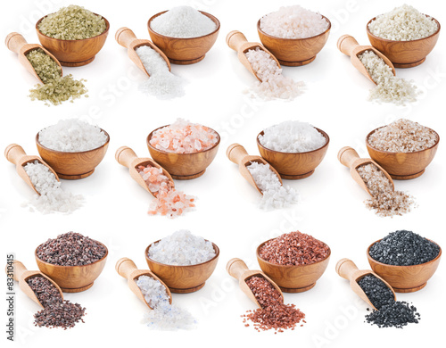 collection of different types of salt isolated on white