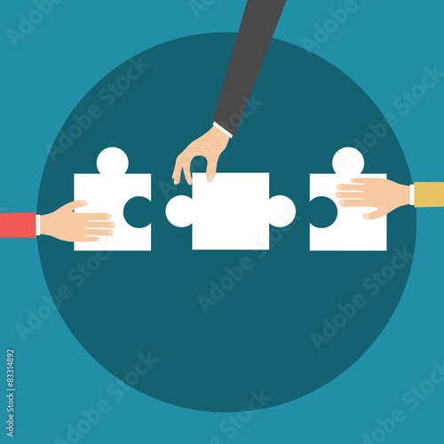 three businessman standing in office holding puzzle, Vector