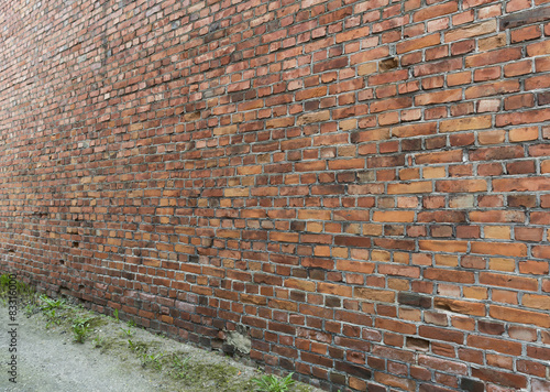 Old vintage brick wall and grass before it .