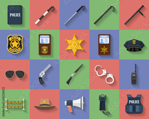 Icon set of police uniform, weapons, accessories