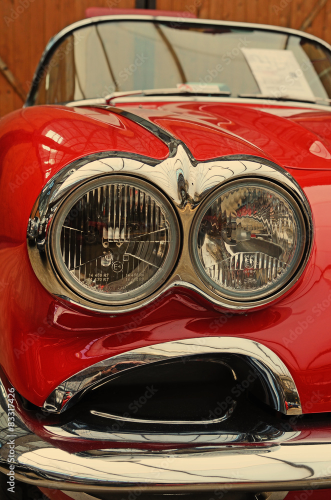 The original double headlights in an old car close up. Retro.