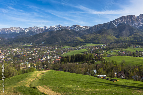 City of Zakopane and Tatras seen from the top of Gubalowka, emph