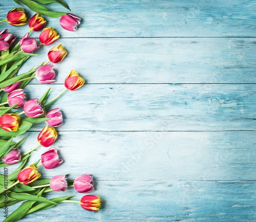 Fototapeta Naklejka Na Ścianę i Meble -  Pink and red tulips on a wooden background.