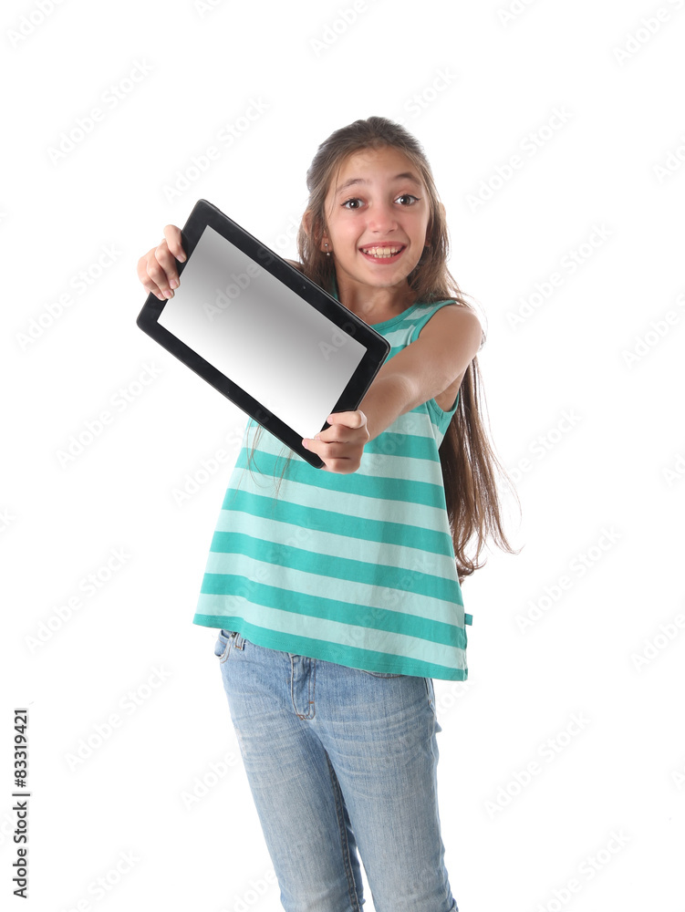 Beautiful pre-teen girl with a tablet computer. Isolated. Beautiful pre-teen girl with a tablet computer. Isolated.
