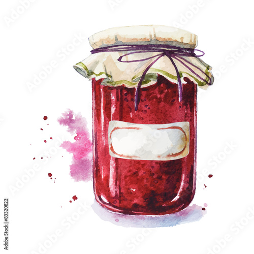 Fruit jam with a sticker. Mason jar. Watercolor. Hand painted.