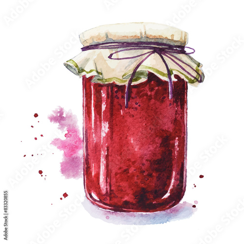 Fruit jam. Mason jar. Watercolor. Hand painted.