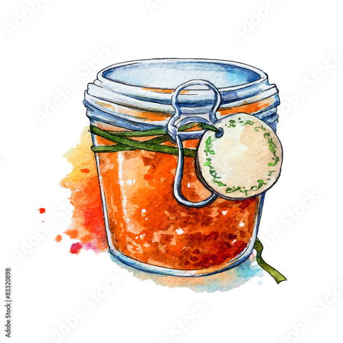 Apricot jam. Honey. Mason jar. Watercolor. Hand painted.