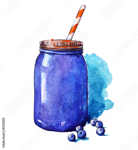 Blueberry smoothie. Mason jar. Watercolor. Hand painted. Vector.