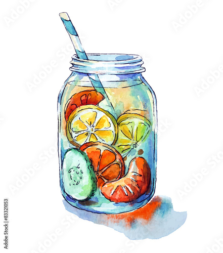 Fruit drink. Mason jar. Watercolor. Hand painted.